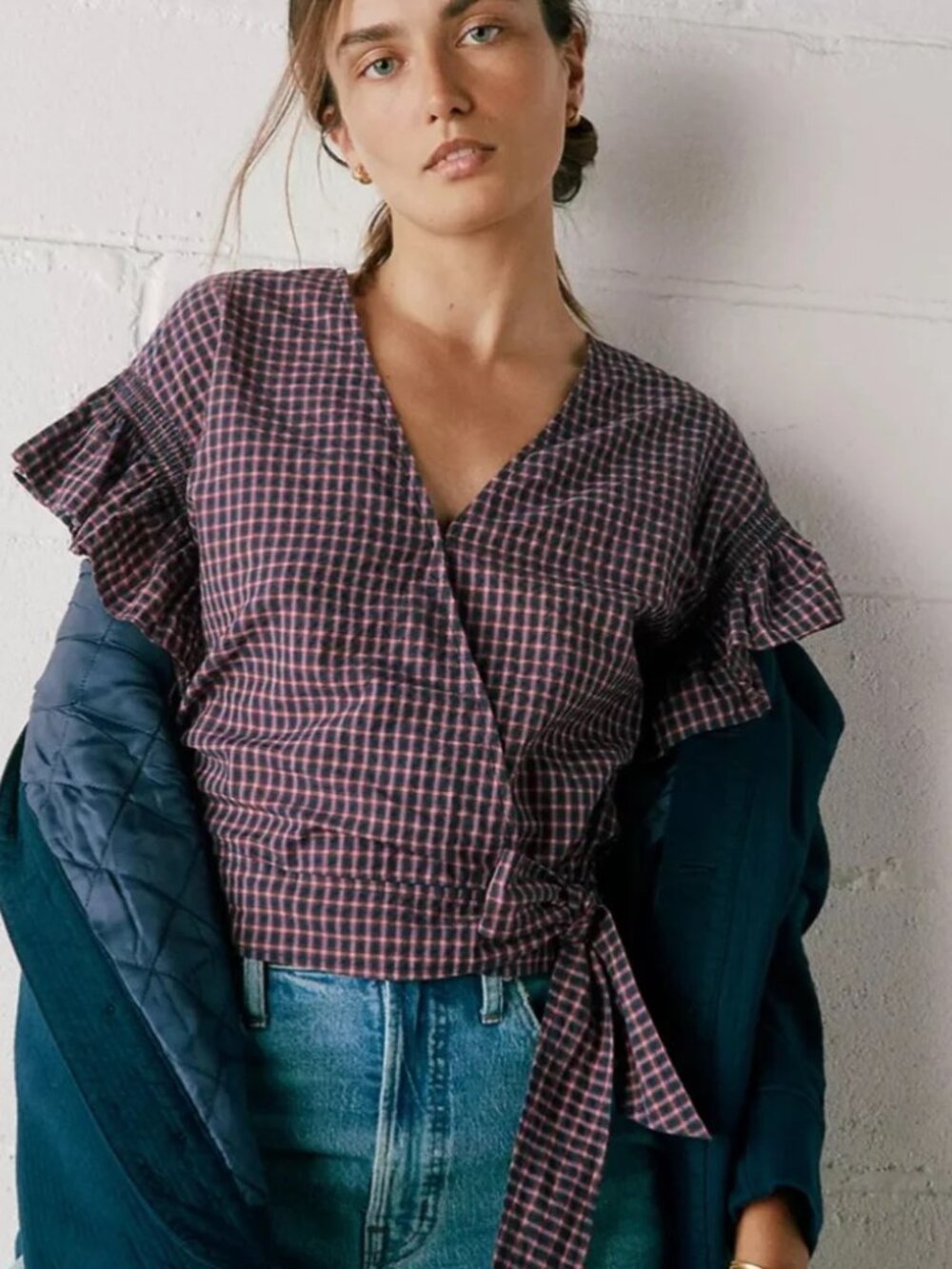Madewell Flutter-Sleeve Side-Tie Wrap Top Plaid Burnished Rose M